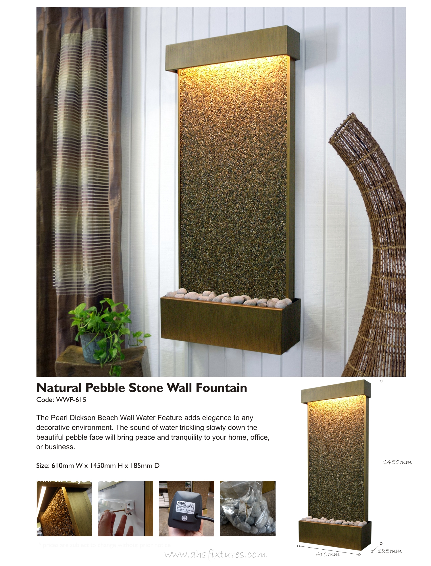 WWP-615 Pebble Stone Wall Fountain Made In Malaysia AHS Fixtures